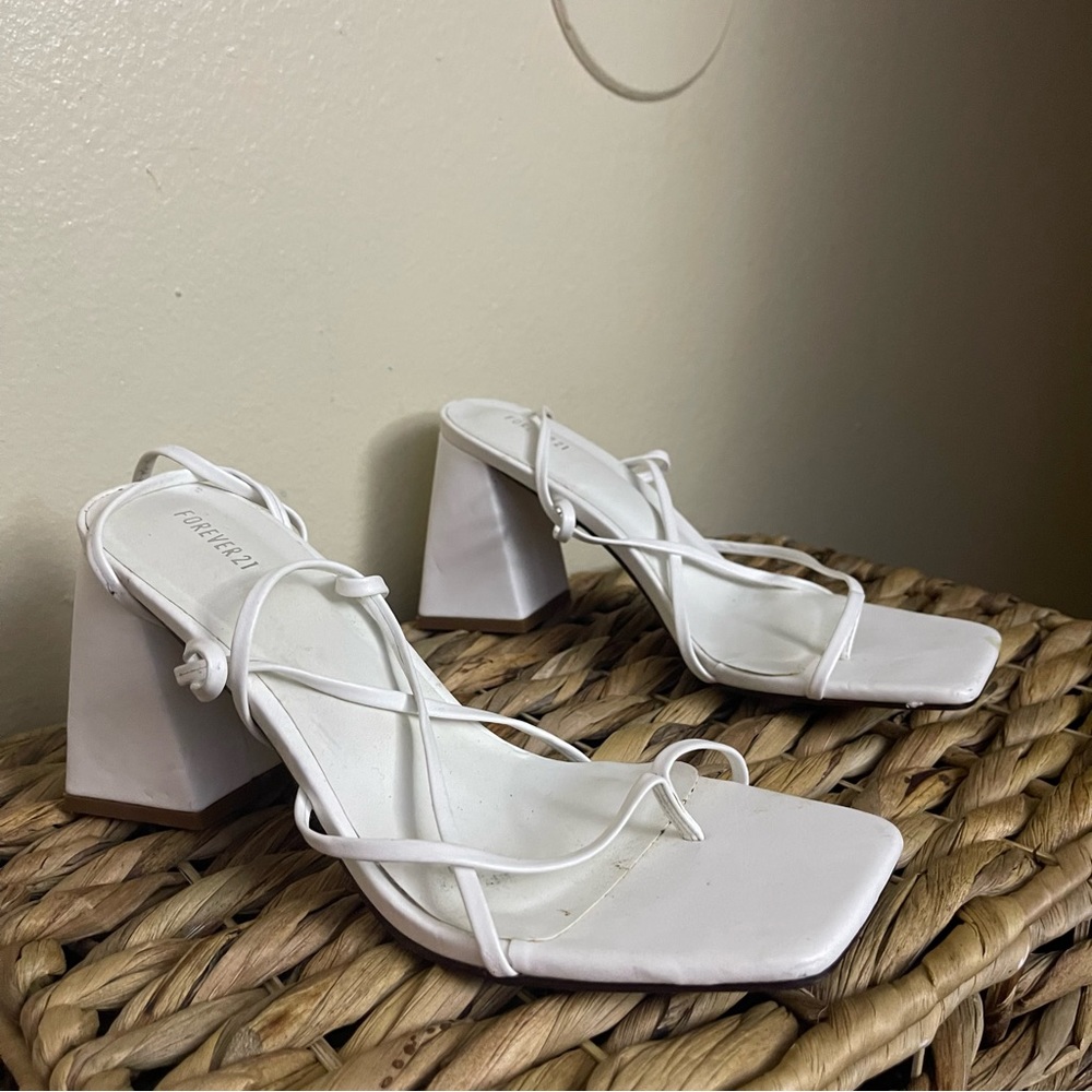F21 white strappy wrap around block heels
